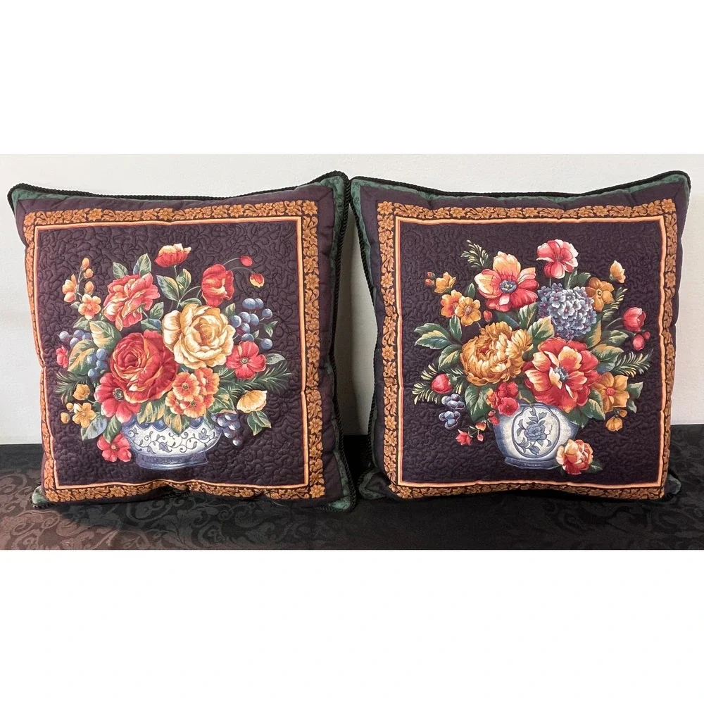 Quilted Floral Still Life Throw Pillows Set of 2 Plum Green 13x13 Vtg Corded